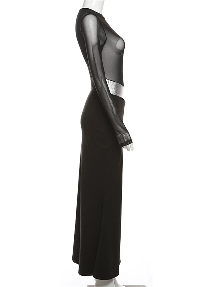 Tossy Black See-through Mesh Maxi Dress Female Patchwork Mesh Long Sleeve Slim Party Dress Gown ’s Long Dress