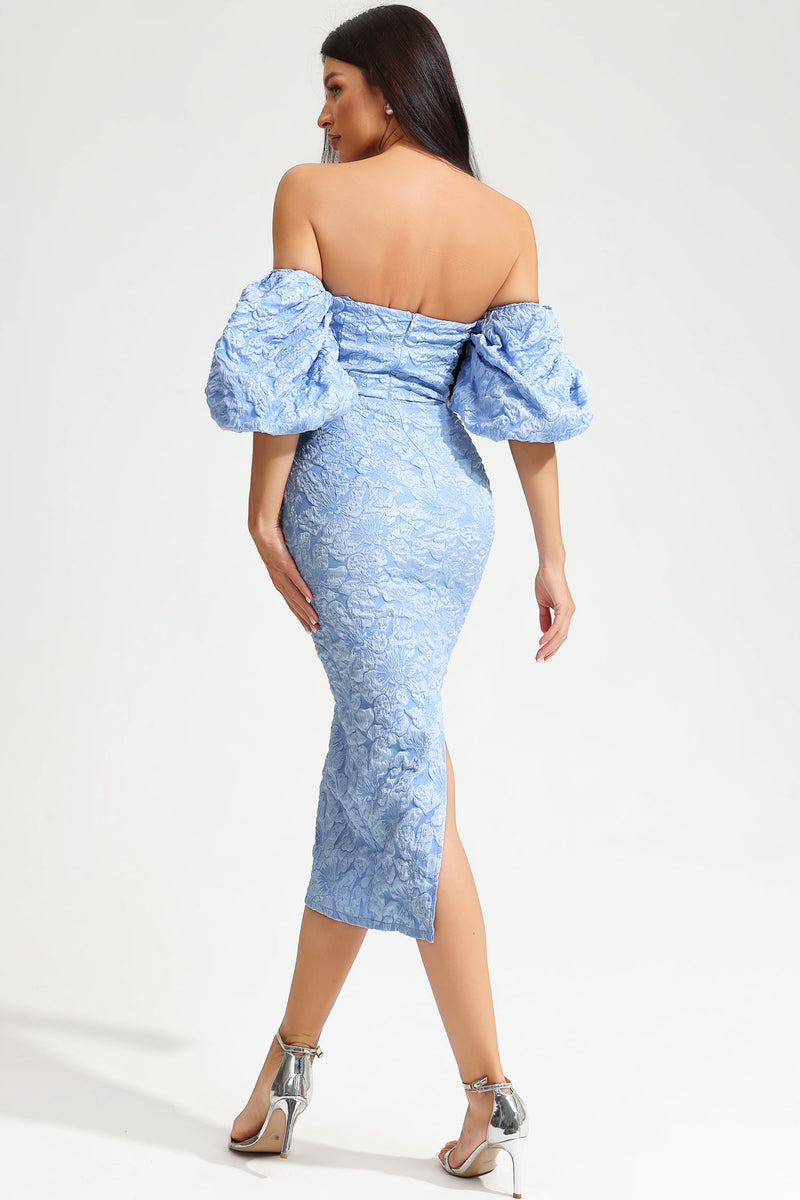 Puff Sleeve Slim Midi Dress Blue