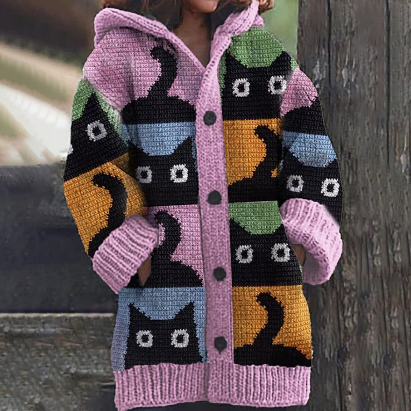 Vintage Cute Black Cats Pattern Cozy Hooded Cardigan artswardrobe