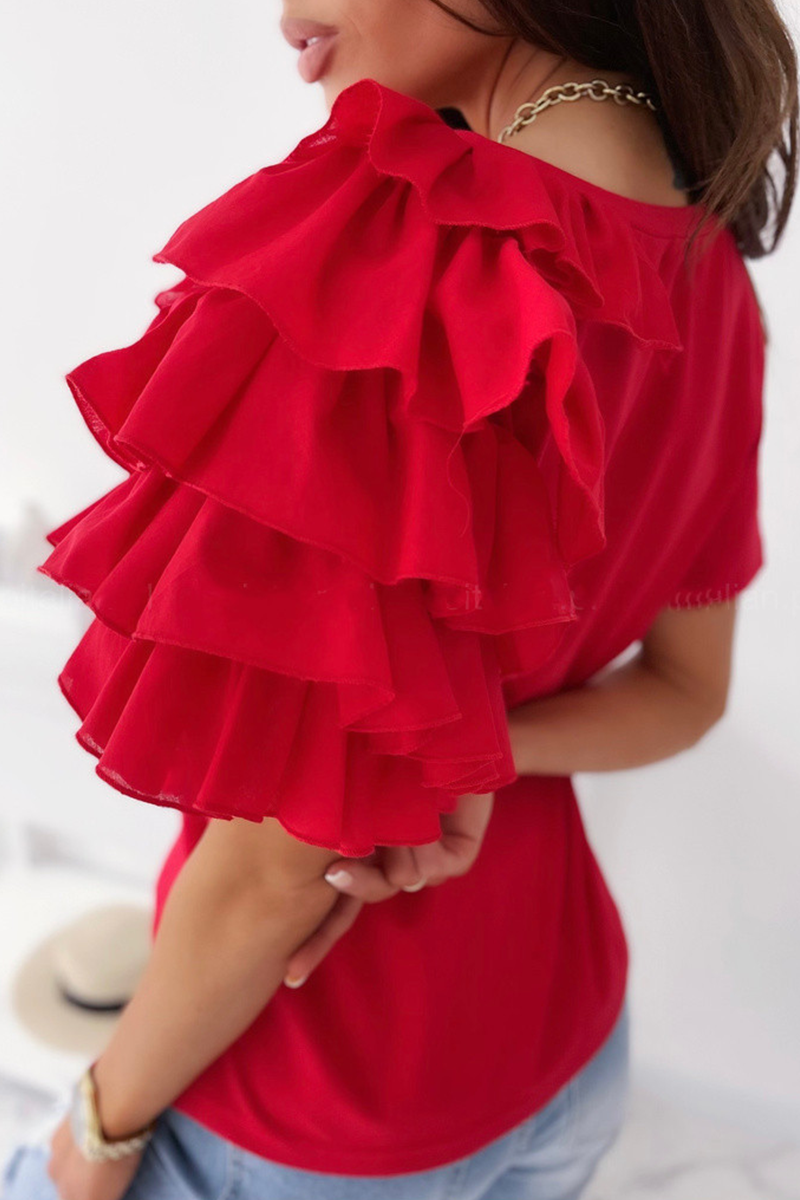 Patchwork Flounce O Neck T-shirts(4 Colors)