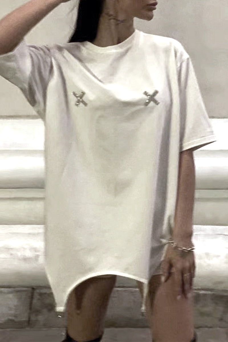 Letter Heart Shaped Asymmetrical Hot Drill O Neck T-shirts
