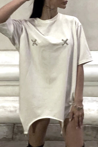 Letter Heart Shaped Asymmetrical Hot Drill O Neck T-shirts