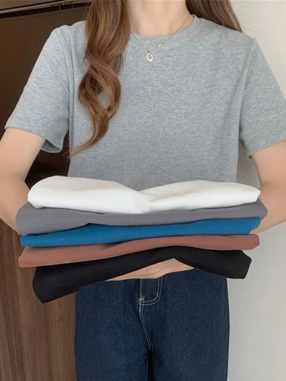 ’s T-shirt Korean Loose O-neck Basic Tops Female Spring White Black Tee Shirts