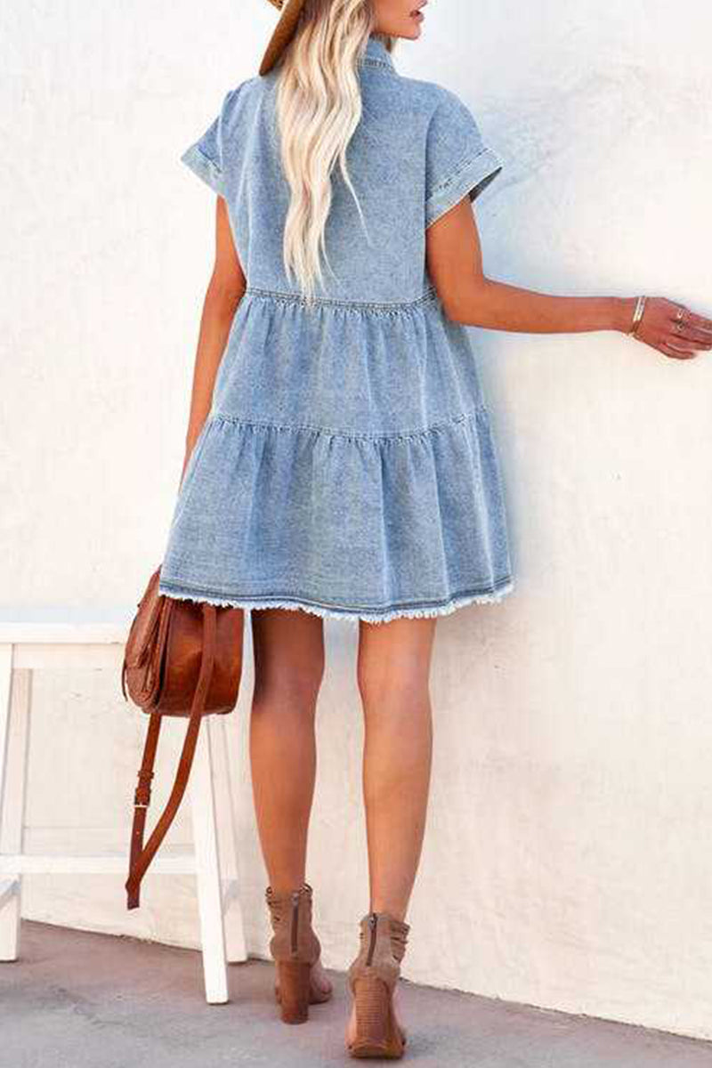 Street Patchwork Turndown Collar Short Sleeve Loose Denim Dresses