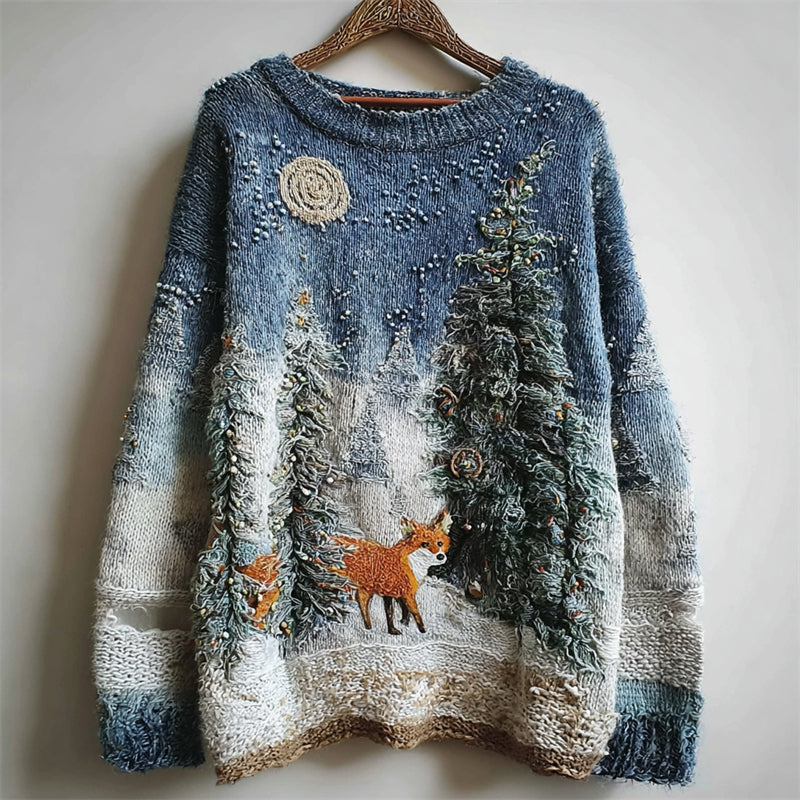 Comstylish Fox Snowy Forest Night Cozy Fuzzy Knit Sweater