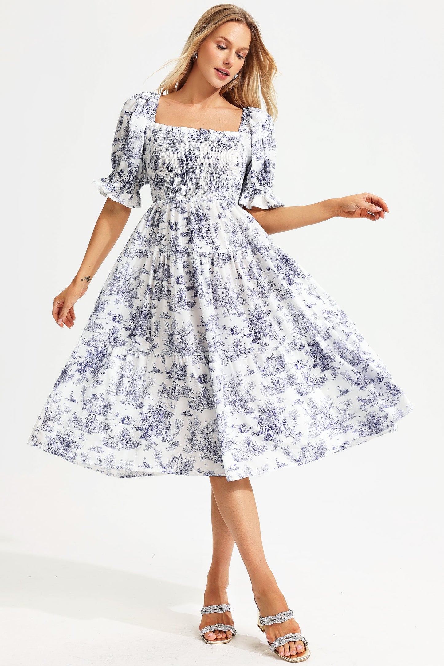 Printed Square Collar Bubble Sleeve Midi Dress
