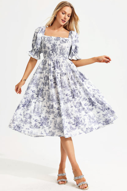 Printed Square Collar Bubble Sleeve Midi Dress