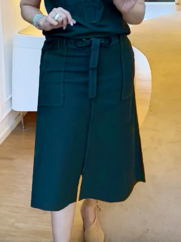 High Waisted Loose Split-front Split-joint Tied Waist Skirts