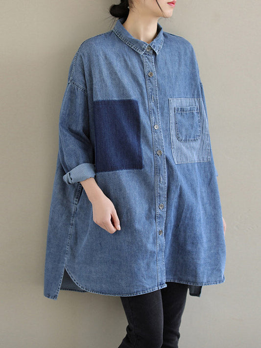 High-low Long Sleeves Asymmetric Buttoned Pockets Split-joint Lapel Blouses&shirts Tops