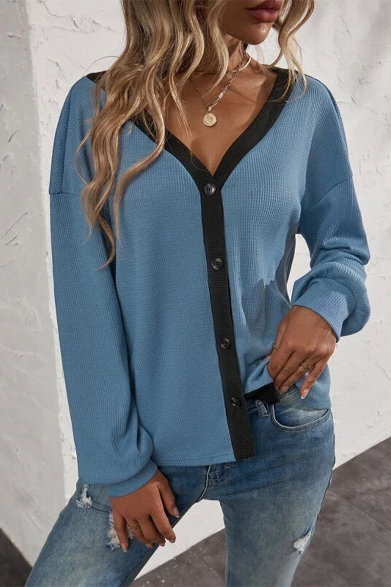 Patchwork Buttons V Neck T-shirts(7 Colors)