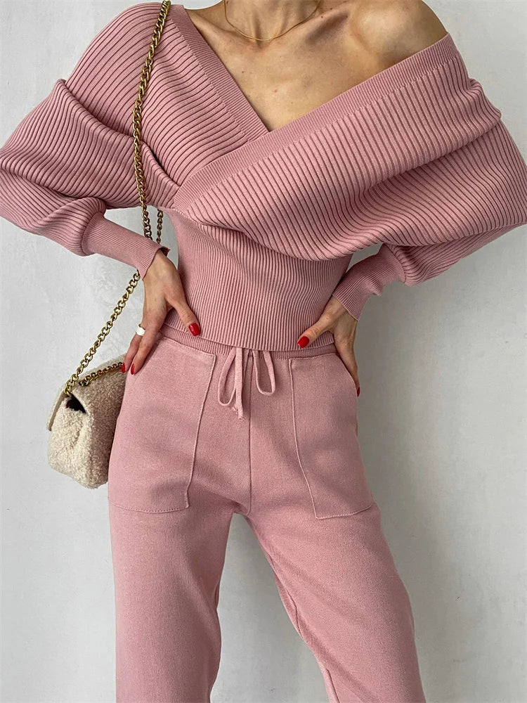 Tossy Knit V-neck Pullover 2 Piece-set for Patchwork Sweater and High Waist Drawstring ’s Pants Sets Outfits