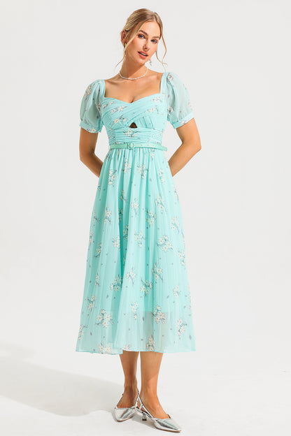 Square Collar Pleated Midi Dress With Belt