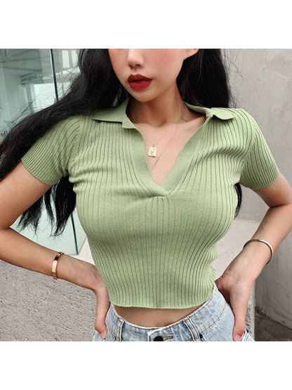 Crop Top Female Shirts Summer Short Sleeve T-shirt ’s Clothes Ribbed Slim Knit Top Cropped Tees