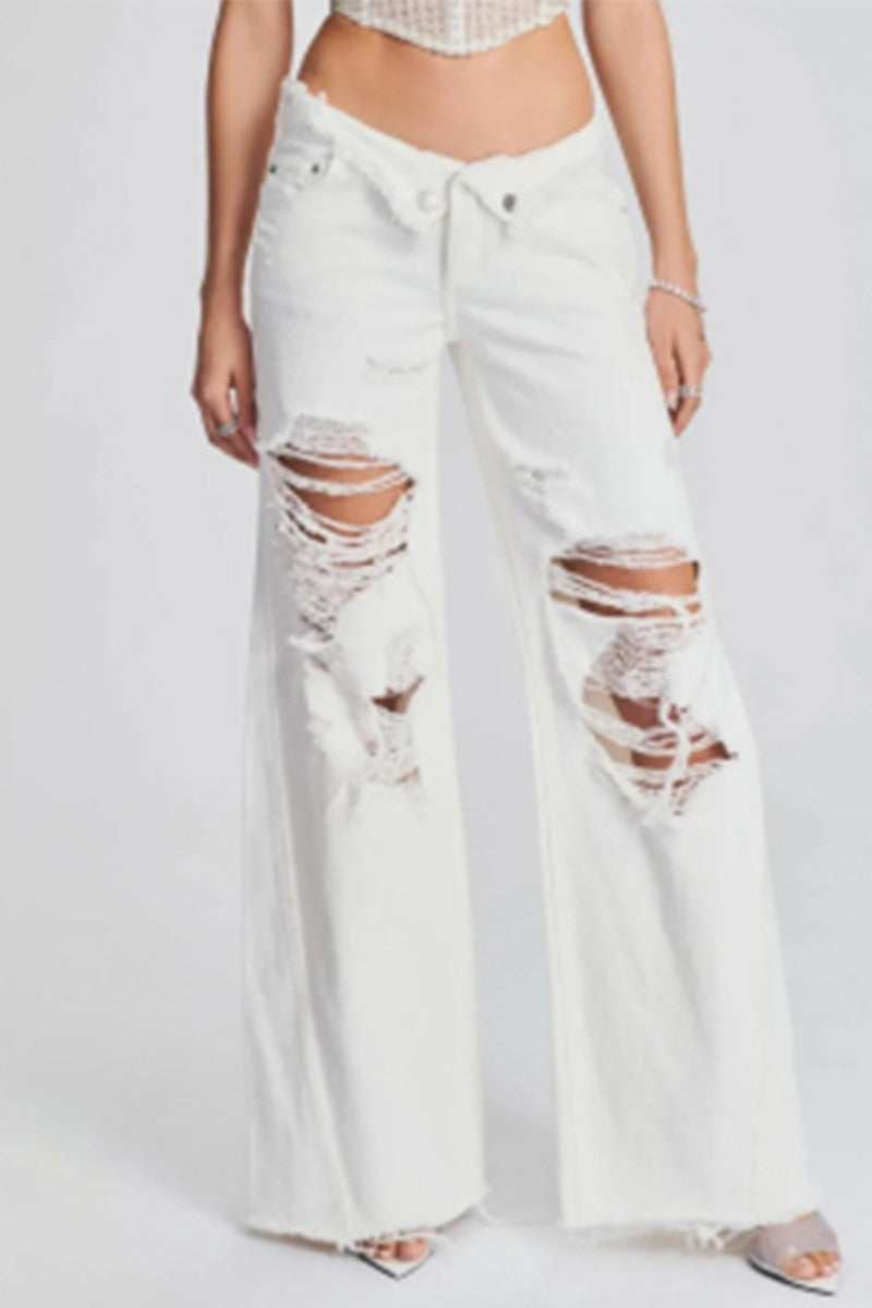 Ripped Patchwork Mid Waist Regular Denim Jeans (subject to the Actual Object)