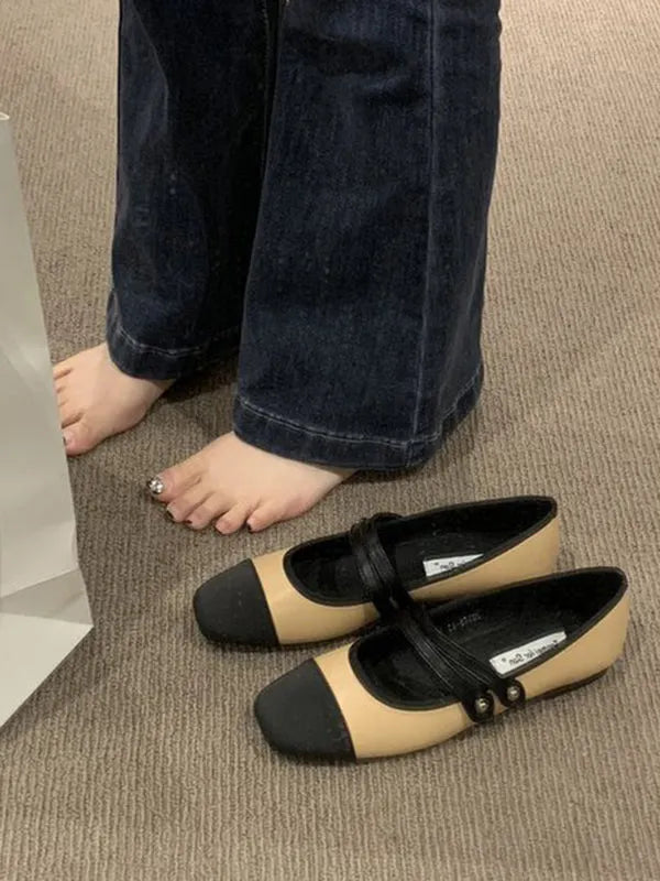 Contrast Color Round Cut Split-joint Square-toe Low Heels Flat Shoes Flats