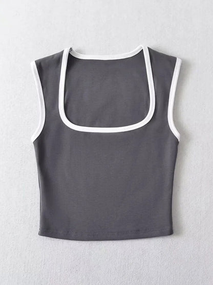 Woman Slim Contrust Camis Sleeveless Tanks Square Collar Crop Tops Clothing Mujer Y2k