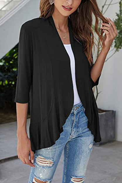 Clothing Autumn Color Cardigan 3/4 Sleeve Ruffle Top