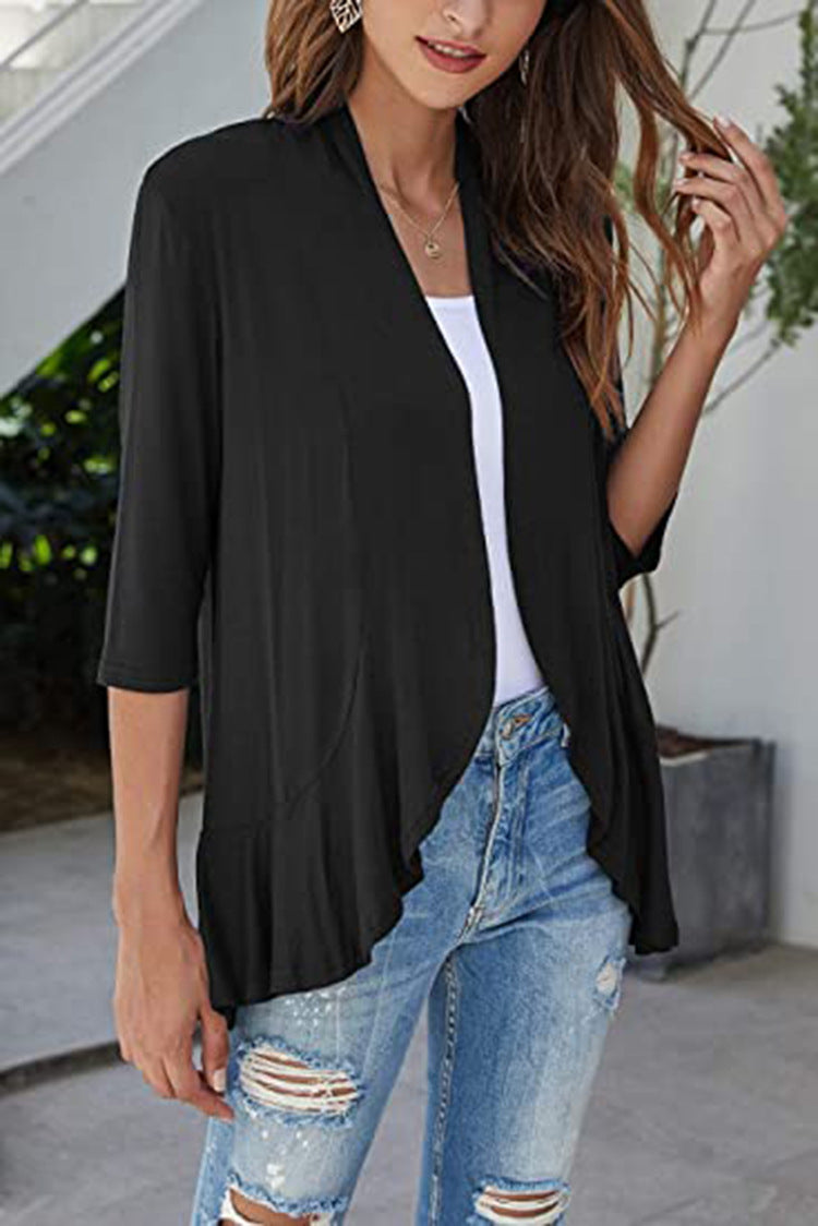Clothing Autumn Color Cardigan 3/4 Sleeve Ruffle Top