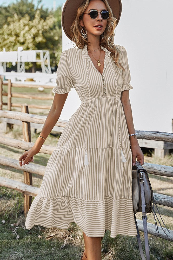 Striped V-neck Puff Short Sleeve Drawstring Midi Dress