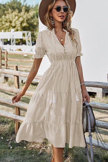 Striped V-neck Puff Short Sleeve Drawstring Midi Dress
