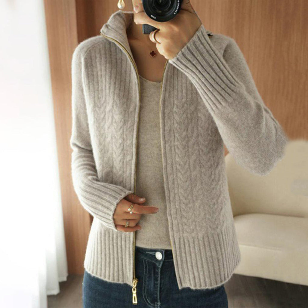 Cable-Knit Apricot Plain Zip V Neck Sweater Cardigan elevenforest