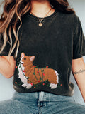 Comstylish Funny Christmas Corgi Dog Embroidered Washed T Shirt
