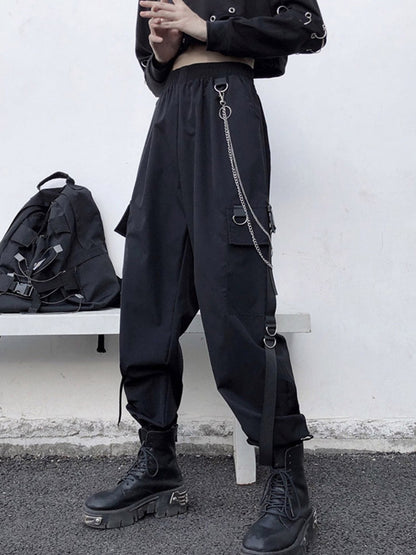 Cargo Pants Harem Pants Punk Pockets Jogger Trousers With Chain Harajuku Elastics High Waist
