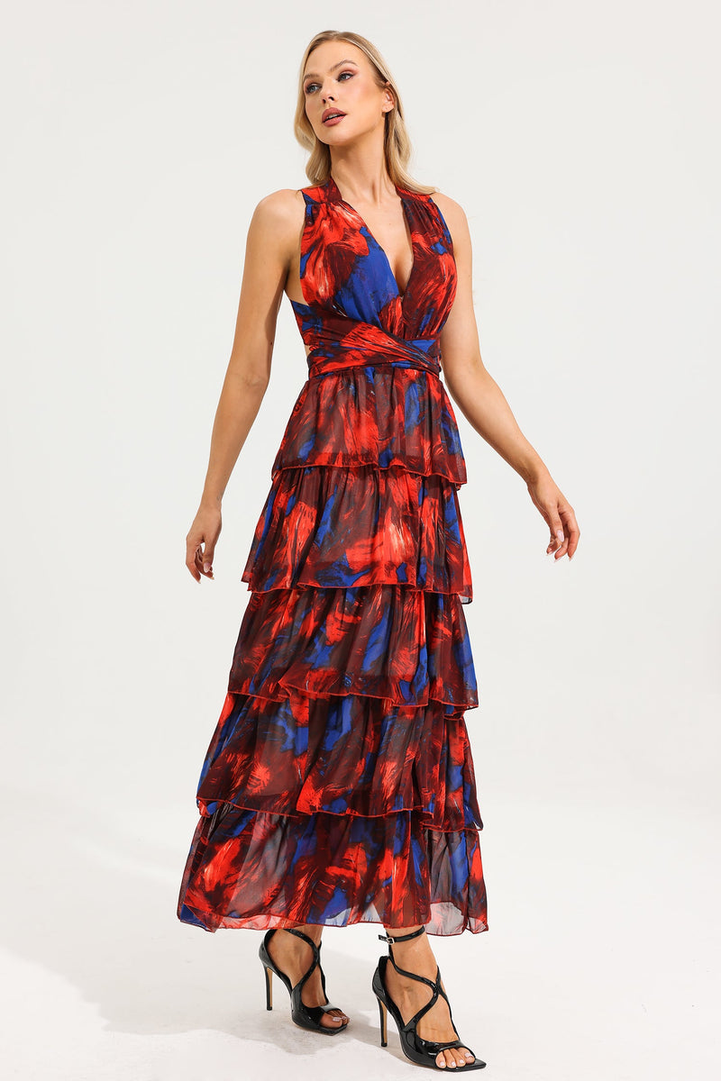 Watercolor Print Halterneck Tiered Maxi Dress
