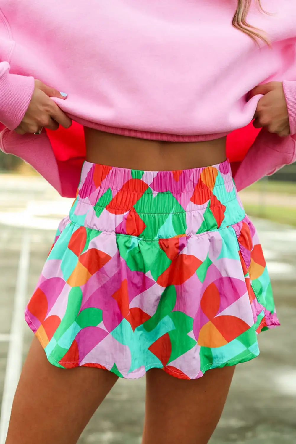 Artsy Green Abstract Print Smock Waist Shorts