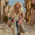Women's Vintage Patchwork Floral Art Cozy Knitted Mid-length Cardigan artswardrobe