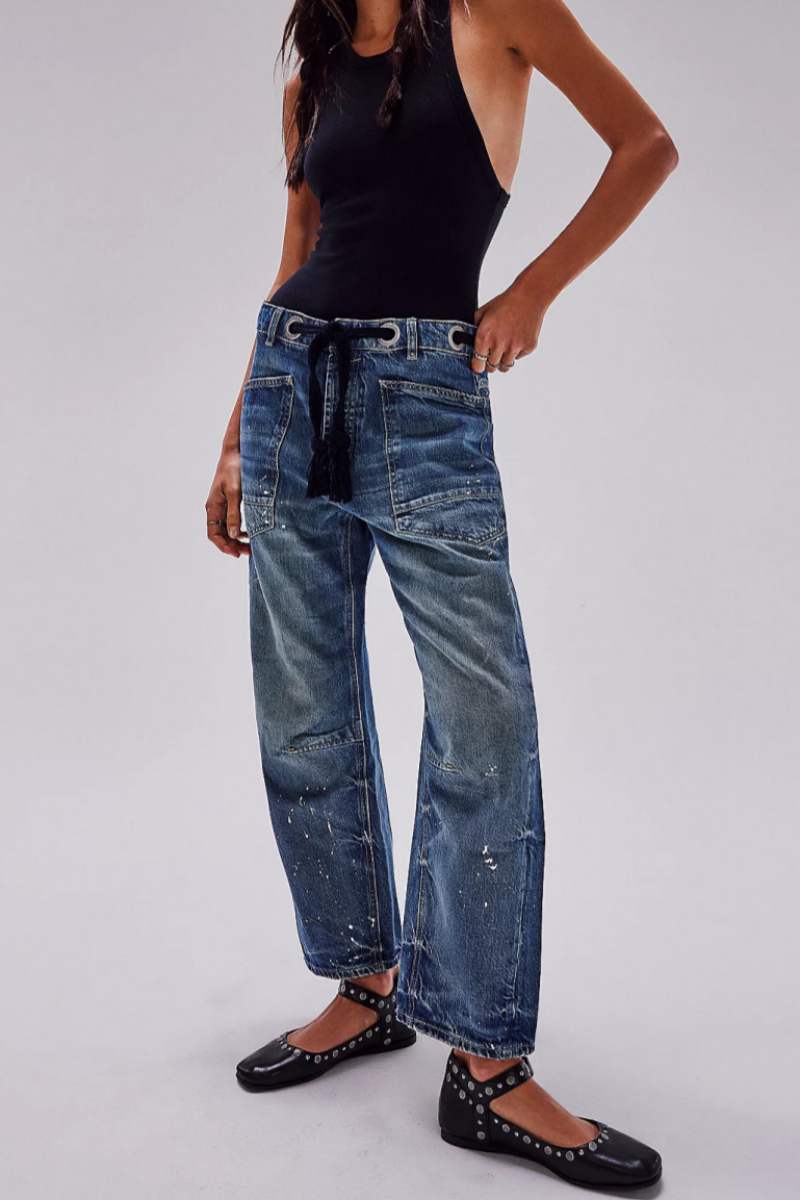 Patchwork Pocket Mid Waist Straight Denim Jeans