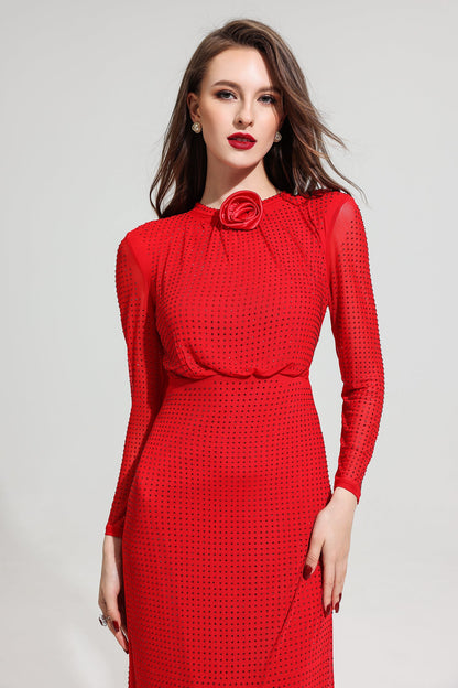 Rhinestone Stand Collar Mermaid Maxi Dress Red