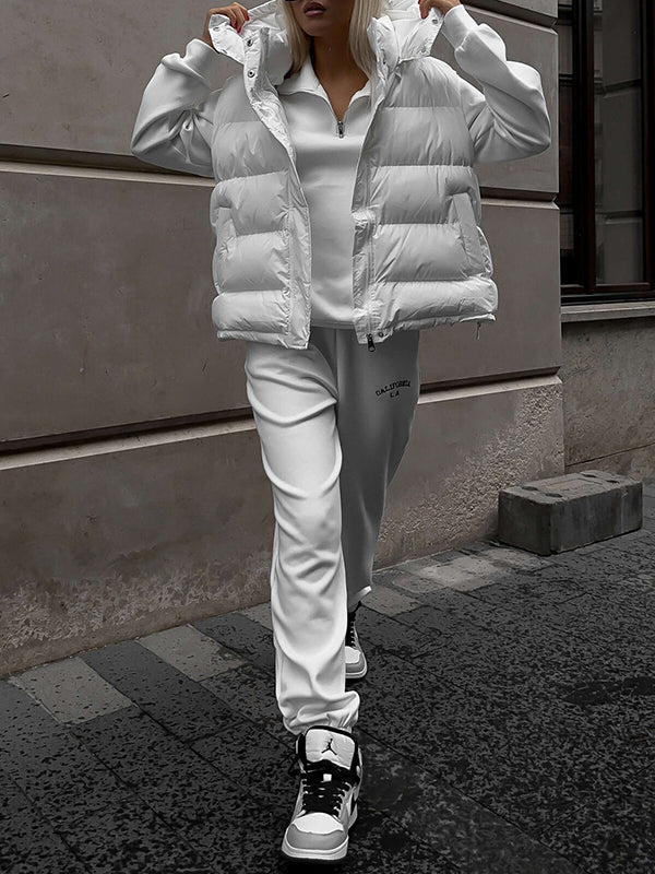 Loose Sleeveless Drawstring Split-joint Zipper Hooded Padded Vest