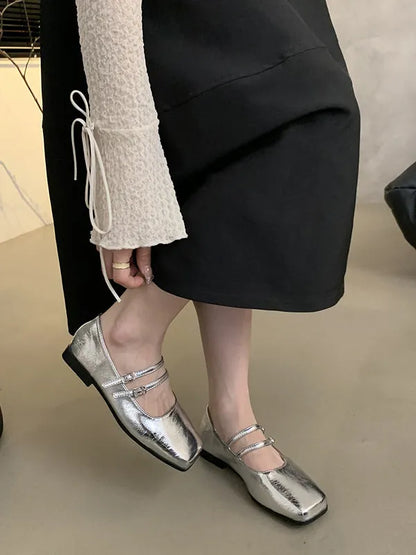 Belt Buckle Shallow Cut Split-joint Square-toe Flats Mary Janes