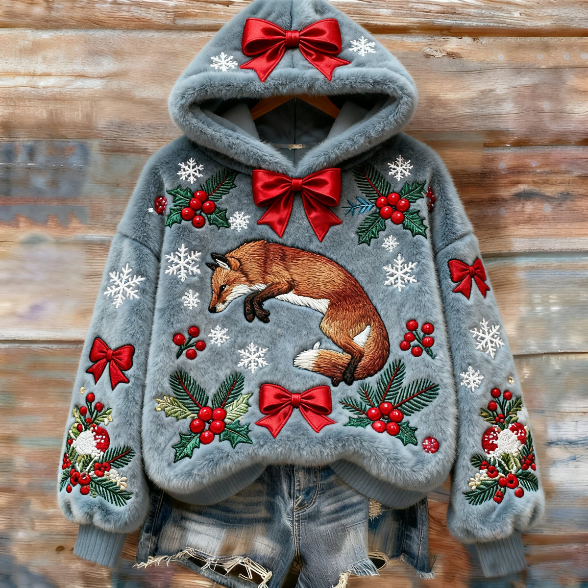 Vintage Christmas Winter Cute Fox Art Women's Cozy Plush Sweater Hoodie