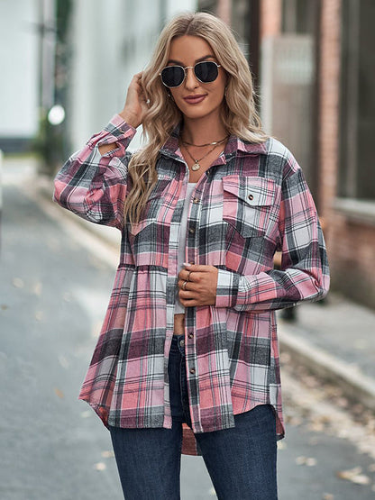 Loose Checkered Lapel Blouses&shirts Tops