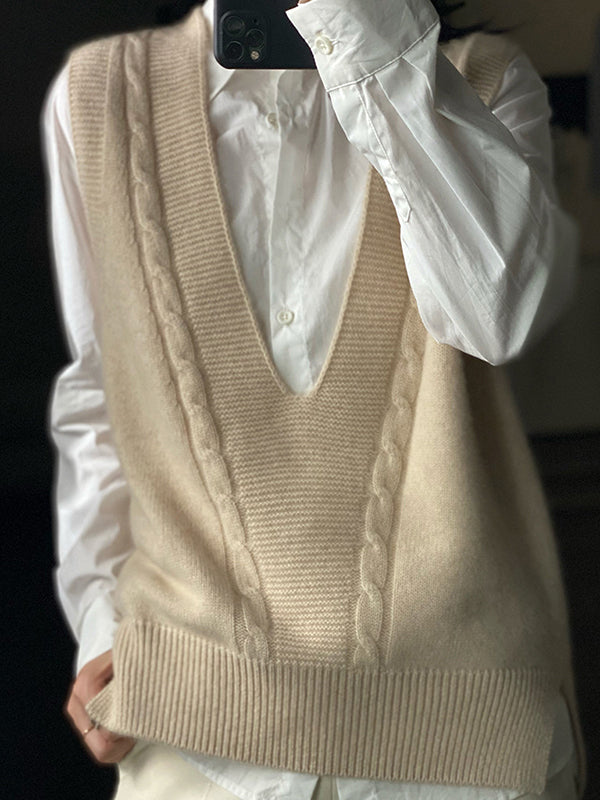 Loose Knitting Sleeveless Color V-neck Vest Top