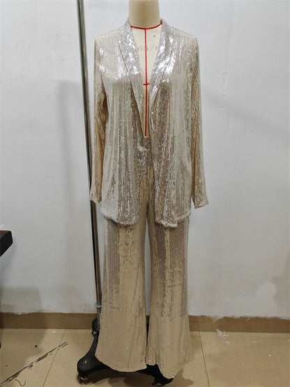 Tossy Sequin 2 Piece-set Straight Leg Slim Glitter Patchwork Suit Outwear and Pants Sets