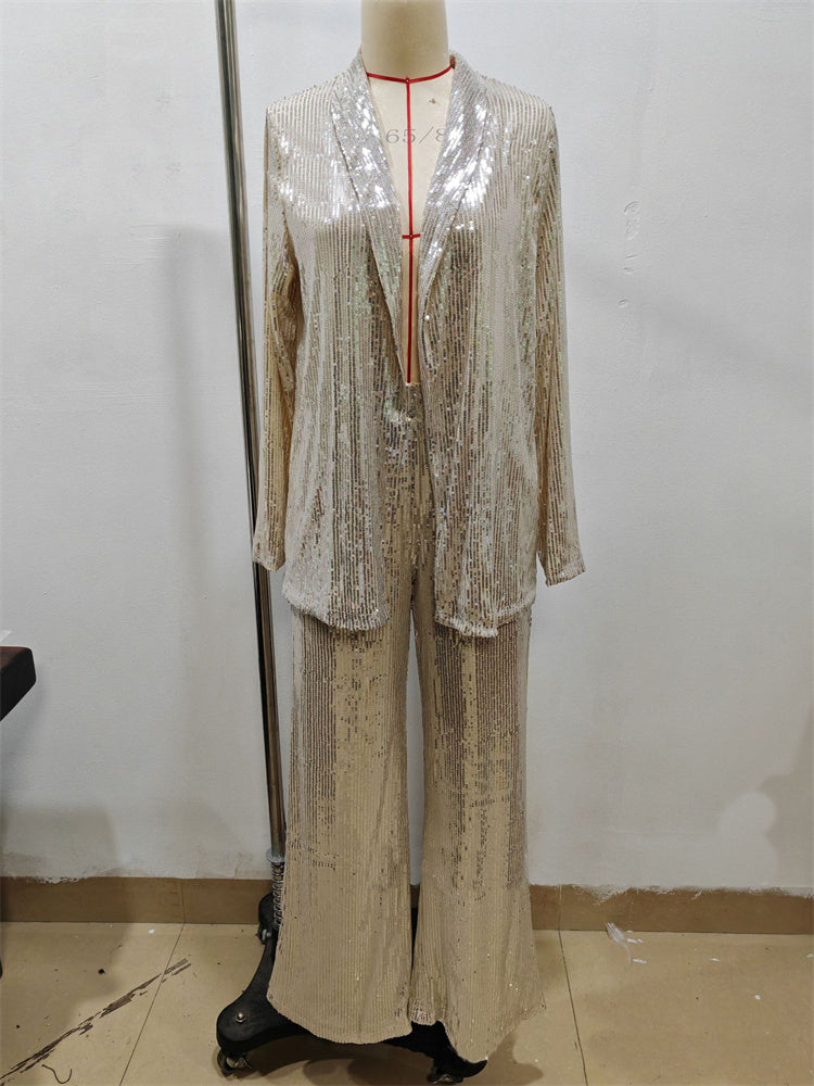 Tossy Sequin 2 Piece-set Straight Leg Slim Glitter Patchwork Suit Outwear and Pants Sets