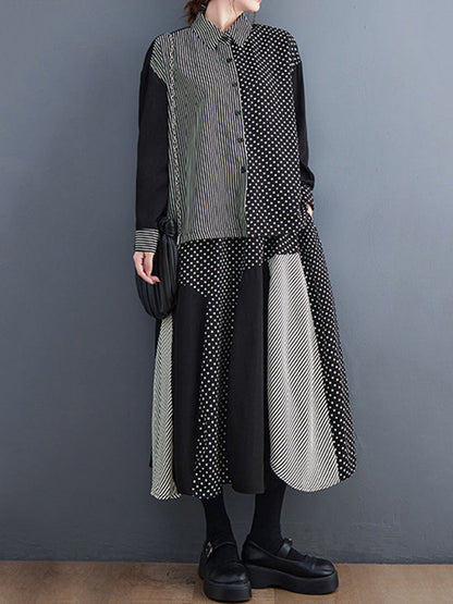Loose Oversize Striped Polka-dot Split-joint Blouse Top A-line Skirt Bottom Two Pieces Set