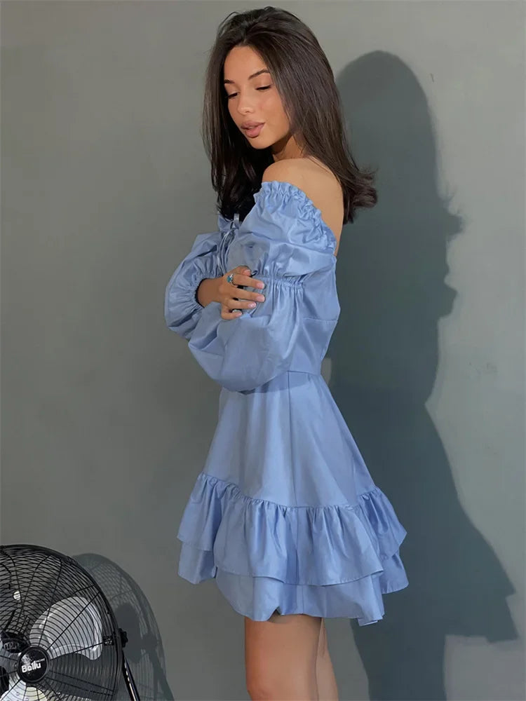 Tossy Lace-up Patchwork Ruffled Mini Dress ’s Square Collar Long Sleeve Party Dress Clothes Summer Dress
