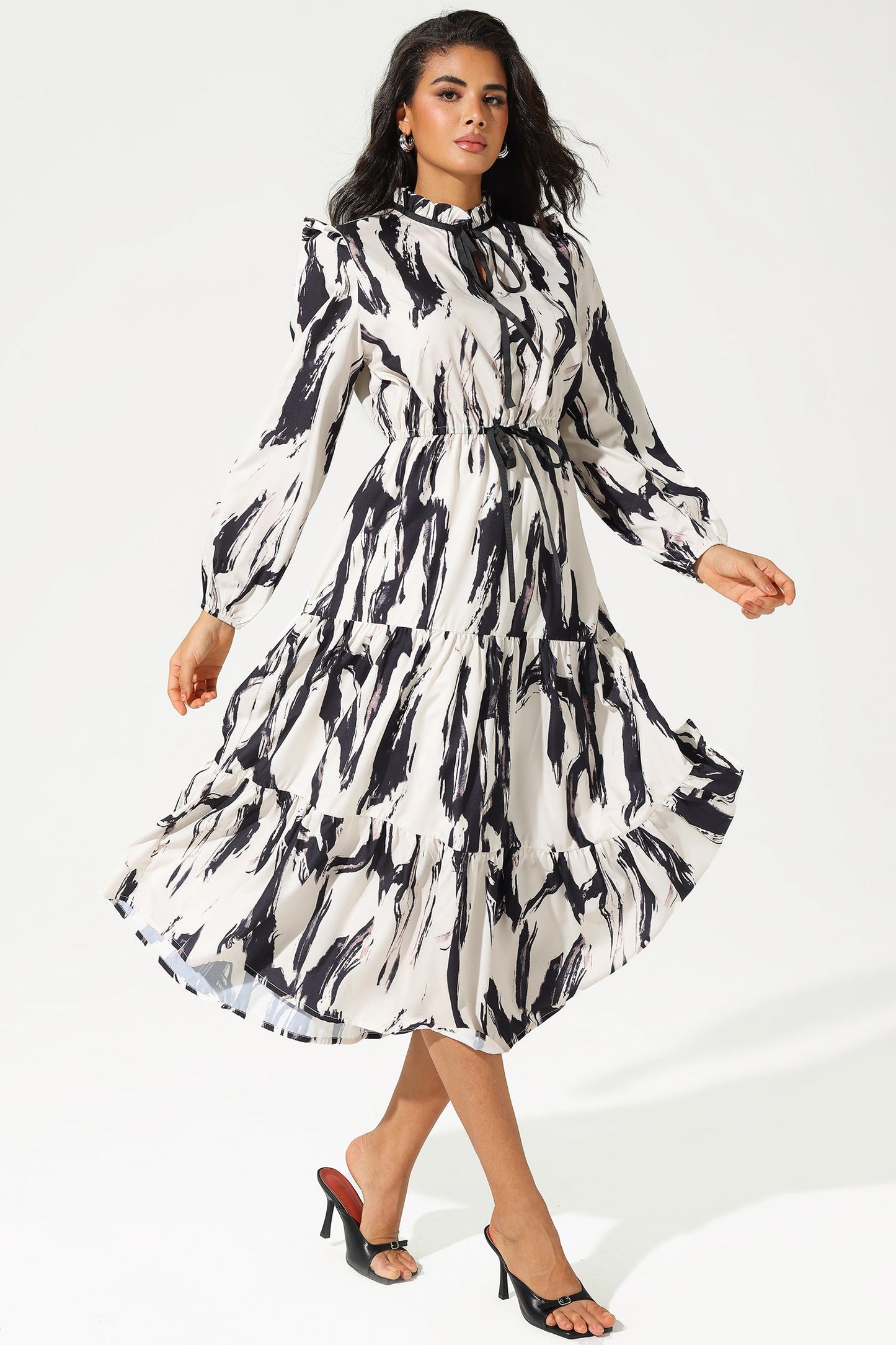 Printed Long Sleeve Crew Collar Lace Up Midi Dress