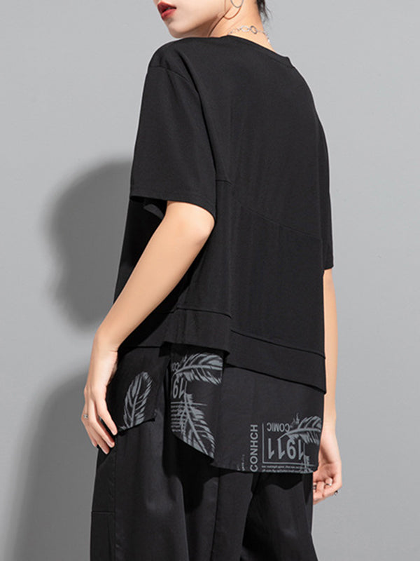 False Two Loose Printing Split-joint Round-neck T-shirts Tops