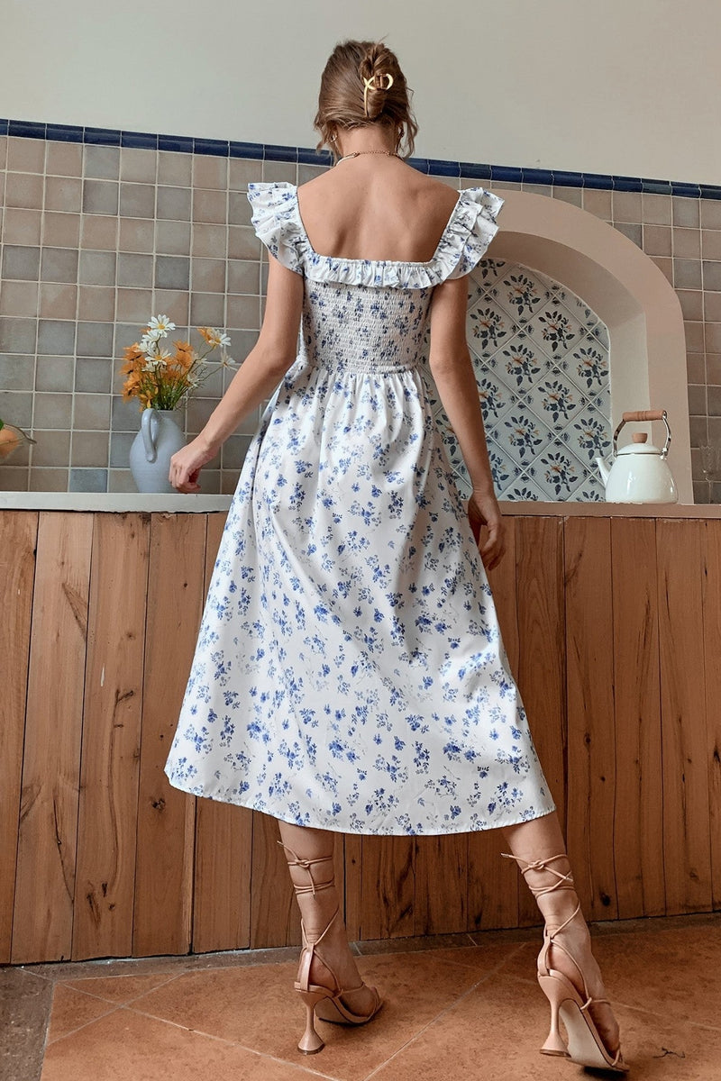 Smocked Elastic Ruffle Hem Midi Dress