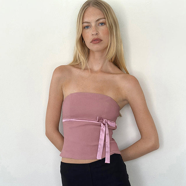 Harajuku Strapless Tank Tops Bowtie Patchwork Skinny Crop Tops Camisole Tee Shirt