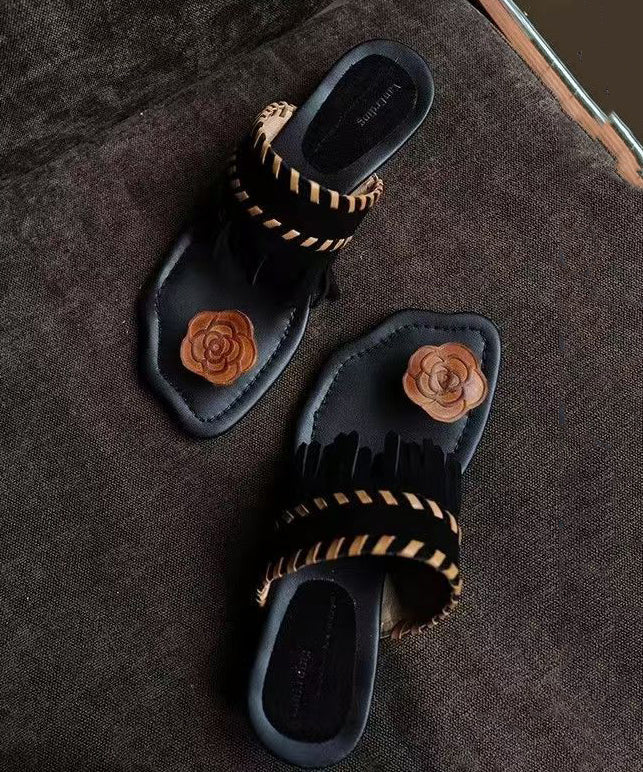 Stylish Black Tasseled Splicing Flip Flops Slide Sandals Ag1015