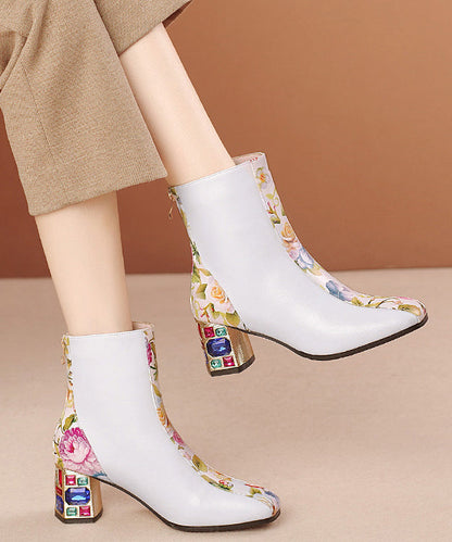 White Print Zircon Cowhide Leather Chunky Boots