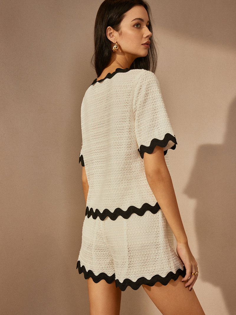 Contrast Trim V-neck Shorts Set