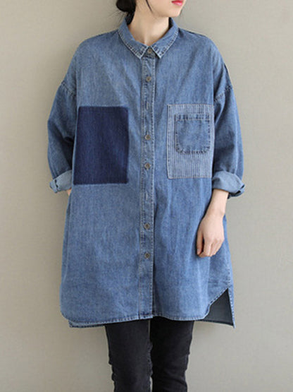 High-low Long Sleeves Asymmetric Buttoned Pockets Split-joint Lapel Blouses&shirts Tops