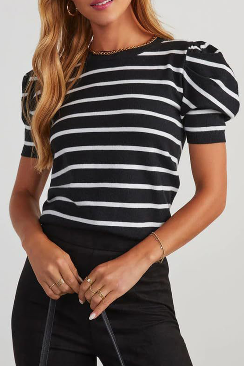 Stripe Ruched Weave O Neck T-shirts(5 Colors)